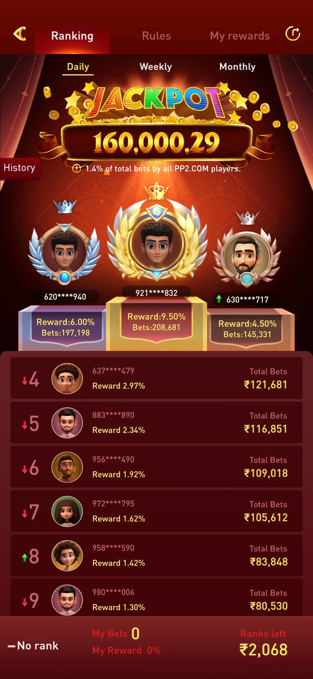 YY6 Game jackpot ranking leaderboard